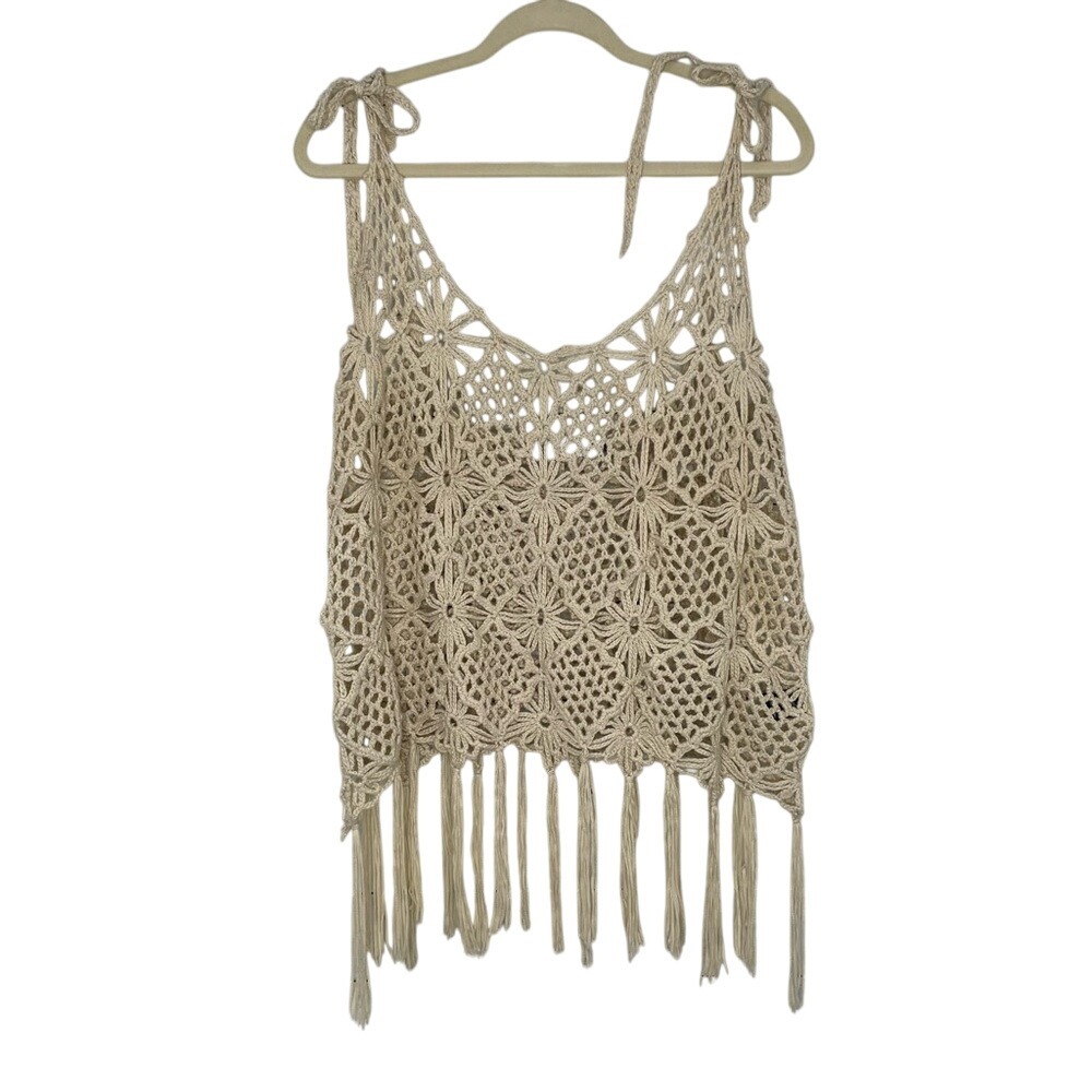 Ark & Co Cream Crochet Boho Tank Top Coverup Size‎ M/L 100% Cotton Gypsy Hippie